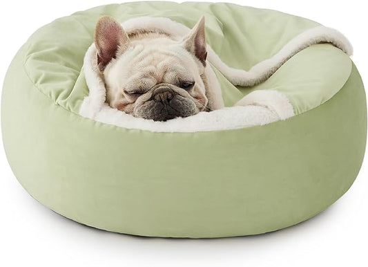 Lesure Medium Dog Bed with Cover Cave - Covered Round Dog Bed for Medium Sized Dog, Machine Washable Burrow Dog Bed with Hooded Blanket, Cuddler Cozy Cave Dog Bed with Anti-Slip Bottom, Green 26"