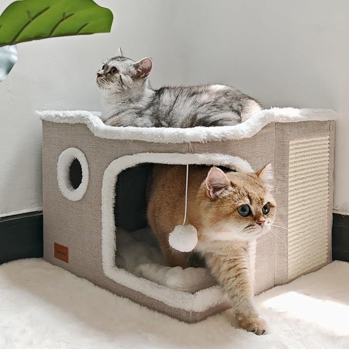 Large Cat Cave Bed for Indoor Cats, Cats Cube House with Scratch Pad Cat Condo Hideaway Tente Hut with Washable Sherpa Warm Soft Cat Mat, Cute Cat Beds Furniture, Modern Dog Bed,Beige