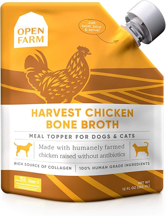 Open Farm Bone Broth, Food Topper for Both Dogs and Cats with Responsibly Sourced Meat and Superfoods Without Artificial Flavors or Preservatives, 12oz (Harvest Chicken)