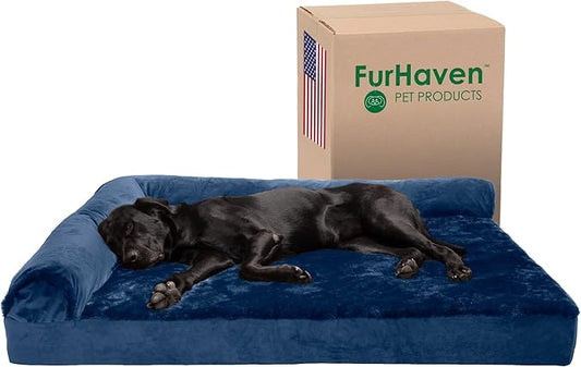 Furhaven Cooling Gel Dog Bed for Large Dogs w/ Removable Bolsters & Washable Cover, For Dogs Up to 125 lbs - Plush & Velvet L Shaped Chaise - Deep Sapphire, Jumbo Plus/XXL