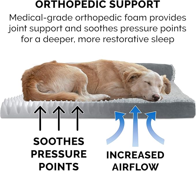 Furhaven Orthopedic Dog Bed for Large/Medium Dogs w/ Removable Bolsters & Washable Cover, For Dogs Up to 55 lbs - Two-Tone Plush Faux Fur & Suede L Shaped Chaise - Stone Gray, Large