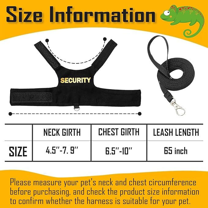 Bearded Dragon Harness and Leash Set Lizard Adjustable Escape Proof Harness Small Animals Soft Cotton Costume Carrier with 5 ft Short Leash for Reptiles Chameleon Iguana Walking Outdoor