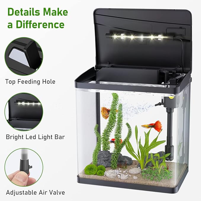 Fish Tank, 3 Gallon Glass Aquarium, 3 in 1 Fish Tank with Filter and Light, Desktop Small Fish Tank for Betta Fish, Shrimp, Goldfish (Black, 3Gallon)