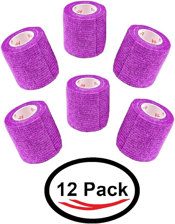 2 Inch Vet Wrap Tape Bulk (Purple) (Pack of 12) Self Adhesive Adherent Adhering Flex Bandage Grip Roll for Dog Cat Pet Horse