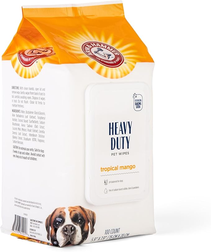 Arm & Hammer for Pets Heavy Duty Multipurpose Bath Wipes for Dogs | All Purpose Dog Wipes Remove Smell & Refresh Skin for Pets| Fruity Mango, Hundred Count - 3 Pack of Pet Wipes