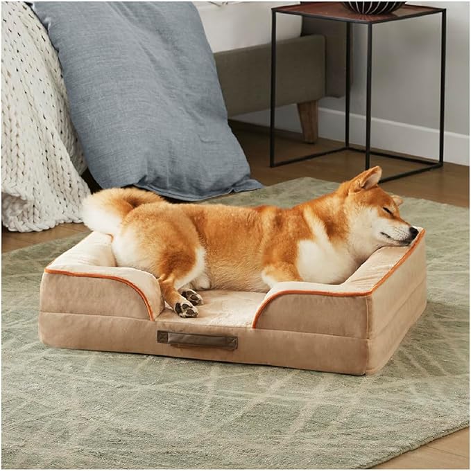 Friends Forever Orthopedic Dog Bed, Bolster Dog Bed with Memory Foam Dog Couch Sofa and Removable Washable Cover, Ally Khaki, 28x23x6.5