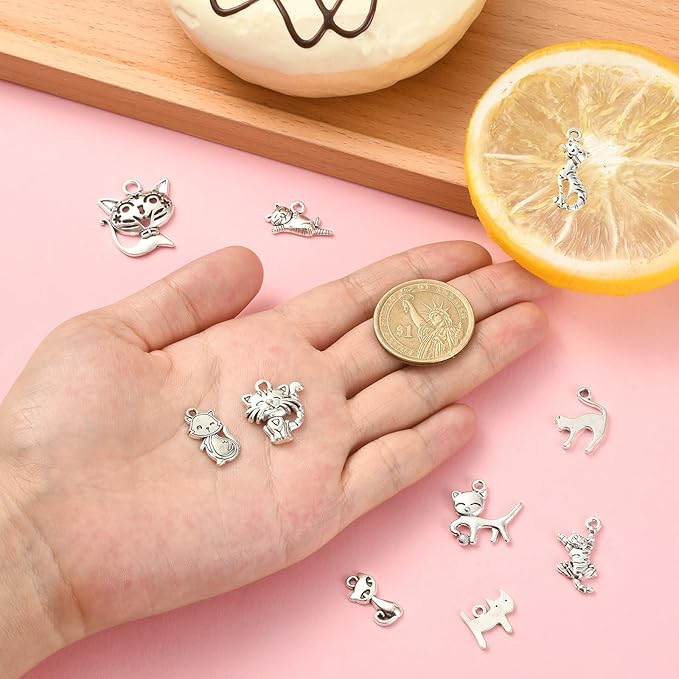 Stiesy 100 Pcs 10 Styles Tibetan Style Cat Charms Antique Silver Cute Kitten Pet Charms Pendants for DIY Bracelet Necklace Jewelry Making