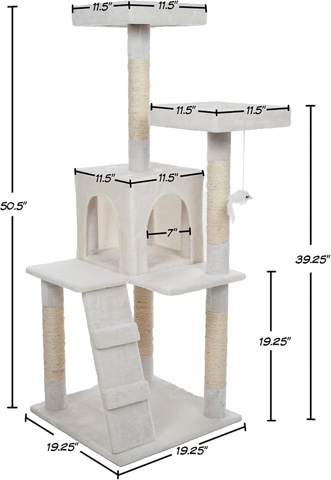 Cat Tree - 4-Tier Cat Tower for Indoor Cats with Perches, Kitty Condo, 5 Cat Scratching Posts, Hanging Toy, and 2-Step Ladder by PETMAKER (White)