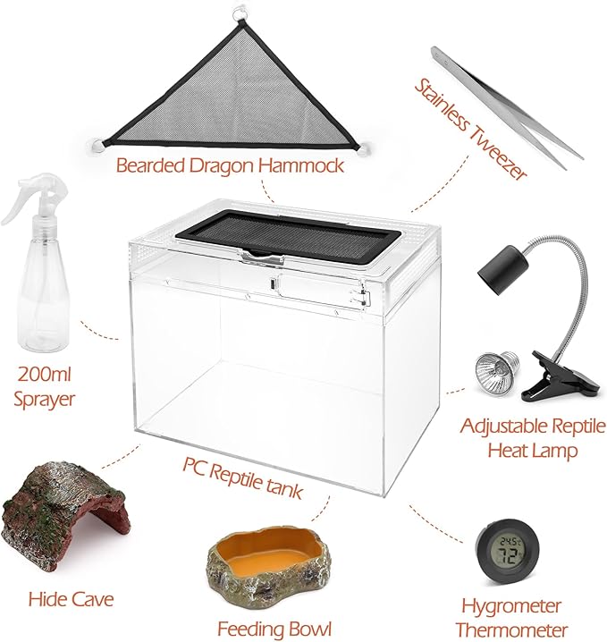 Reptile Terrarium, Reptile Tank 15.6" x 8"x 10" Amphibian Tank Starter Kit with Bearded Dragon Hammock, Heat Lamp, Hide Cave for Geckos Lizard Mantis Spider Cricket Chameleons Snake Turtle Frog