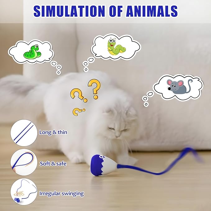 Cat Wand Toy, Automatic Silicone Tail Teaser Toy 2 in 1, Electronic Interactive Toy for Indoor Cats, Rechargeable Exercise Toy for Kitten-Navyblue