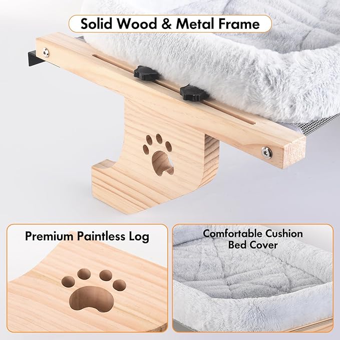 AMOSIJOY Cat Sill Window Perch Sturdy Cat Hammock Window Seat with Cushion Bed Cover, Wood & Metal Frame for Large Cats, Easy to Adjust Cat Bed for Windowsill, Bedside, Drawer and Cabinet(Cushion Bed)