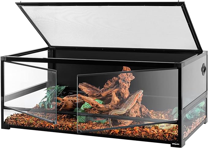 REPTI ZOO 85 Gallon Tempered Glass Reptile Terrarium, 48" x 24" x 18" Easy Folding & Detaching Reptile Habitat Tank with One-hand Opening Door & Blacked-out Back and Screen Ventilation