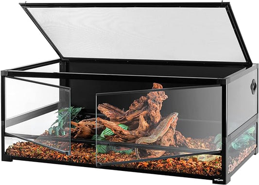 REPTI ZOO 85 Gallon Tempered Glass Reptile Terrarium, 48" x 24" x 18" Easy Folding & Detaching Reptile Habitat Tank with One-hand Opening Door & Blacked-out Back and Screen Ventilation