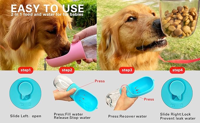 Dog Water Bottle,Portable pet Water Bottle with Food Container,Outdoor Portable Water Dispenser for Cat,Rabbit,Puppy and Other Pets for Walking,Hiking,Travel(10oz)