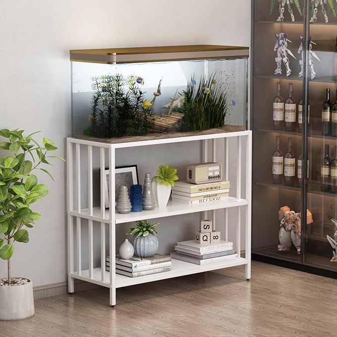 Fish Tank Stand with Metal Shelves, 55 Gallon Aquarium Stand Heavy Duty Turtle Tank Terrariums Tank Breeder Reptile Tank Stand for Home Office, 48.4” x 14.9” x 29.5” (White)