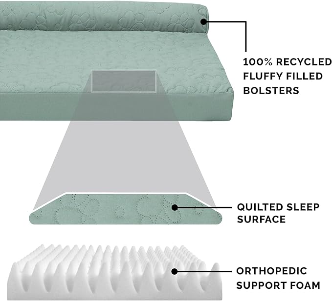 Furhaven Orthopedic Dog Bed for Large Dogs w/ Removable Bolsters & Washable Cover, For Dogs Up to 95 lbs - Pinsonic Quilted Paw L Shaped Chaise - Iceberg Green, Jumbo/XL