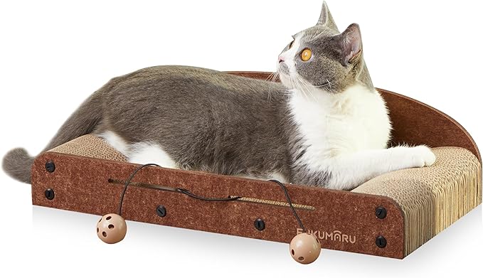 FUKUMARU 21 Inch Cat Scratcher Cardboard, Cat Lounger, Durable Cat Scratcher Bed Large Lounger with Bell Ball Toy, Recyclable Cat Scratching Pads for Indoor Cats, Cat Scratch Bed Cardboard