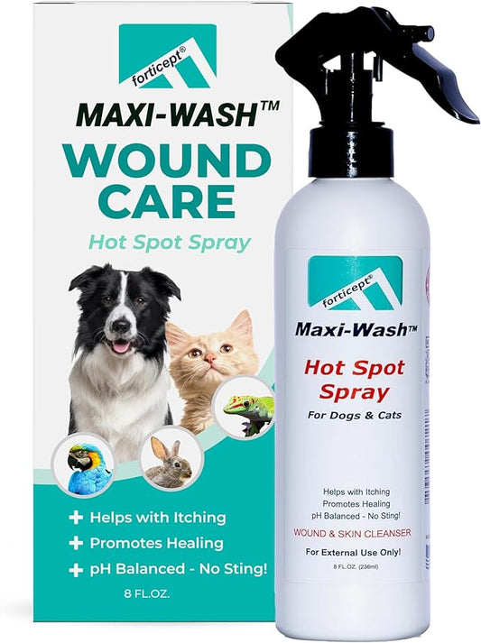 Forticept Maxi-Wash Hot Spot Spray Treatment, Wound Care & Itch Relief Spray for Dogs and Cats. Relives Scratching, Rashes, Sores, Itchy Skin and Paw Licking 8 oz