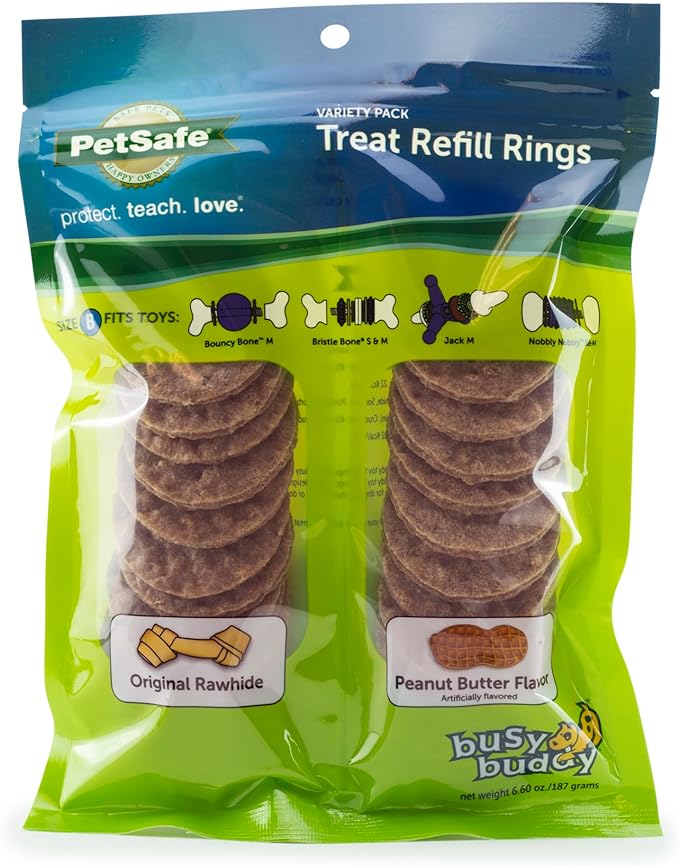 PetSafe Treat Rings for Busy Buddy Dog Toys - Easy to Digest - Interactive Toy Refills for Aggressive Chewers - Stimulating Puppy Supplies - Eases Stress - 24 Rings - Size B - Original/Peanut Butter