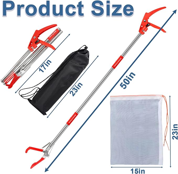 2024 Upgraded 50'' Snake Catcher Grabber, Foldable Snake Grabber Tool with Wide Jaw, Professional Stainless Steel Snake Tongs, Long Reach Grabber with Non-Slip Grip Handle