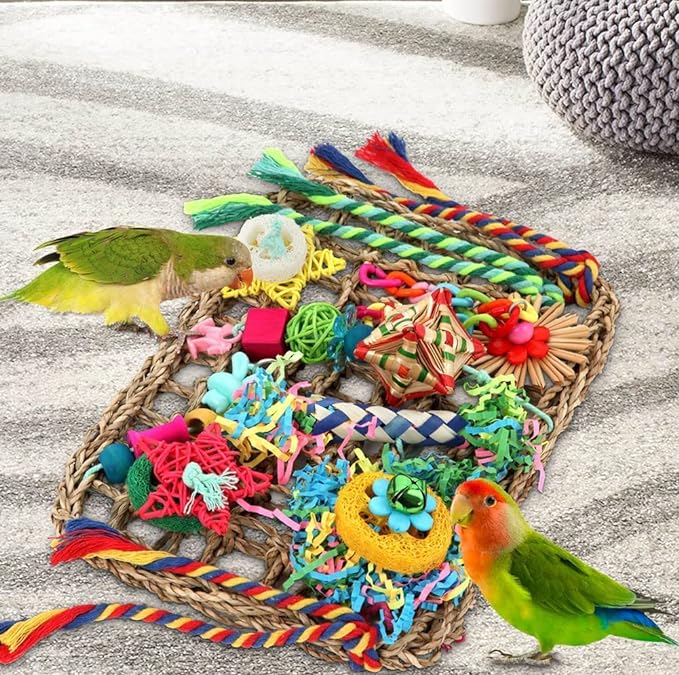 Bird Toys Bird Foraging Toys for Parakeets Cockatiel Conures Lovebirds Bird Foraging Shredding Seagrass Wall with Various Toys for Birds