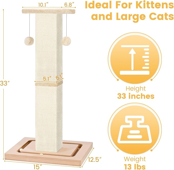 33" Tall Cat Scratching Post, Heavy Duty Cat Scratching Post with Ball Track and Hanging Ball, Scratcher for Indoor Cats and Adult