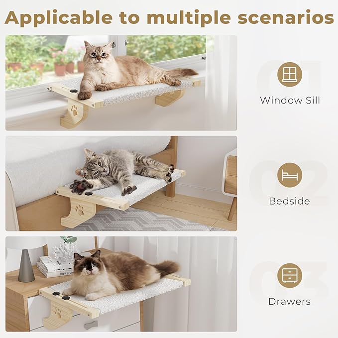 Cat Window Perch, Cat Window Hammock with Wood & Metal Frame for Large Cats, Adjustable Cat Perch for Windowsill, Bedside, Drawer and Cabinet(24.4''-White Plush) (Large Size - 24.4'')