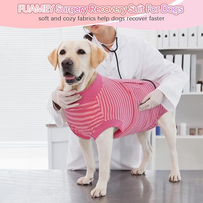 FUAMEY Recovery Suit for Dogs After Surgery,Soft Breathable Dog Bodysuit E-Collar & Cone Alternative Surgical Suit,Male Female Dog Neuter Spay Suits Anti Licking Wounds Onesie Rose Stripes XL