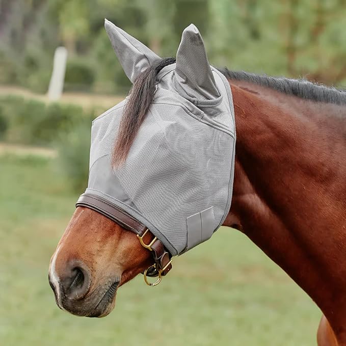 Horse Fly Mask, Elasticity Fly Mask with Ears UV Protection for Horse, Grey (Strengthen with Ears)