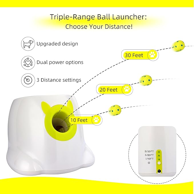 Automatic Dog Ball Thrower Launcher Dog Fetch Machine for Small to Medium Sized Dogs Adjustable Launch Distances Ball Launcher for Dogs with 6 Balls Dual Power Ball Thrower for Dogs