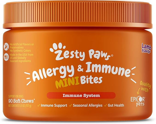 Zesty Paws Dog Allergy Relief - Anti Itch Supplement - Omega 3 Probiotics for Dogs - Digestive Health - Soft Chews for Skin & Seasonal Allergies - with Epicor Pets - Mini - Lamb - 90 count