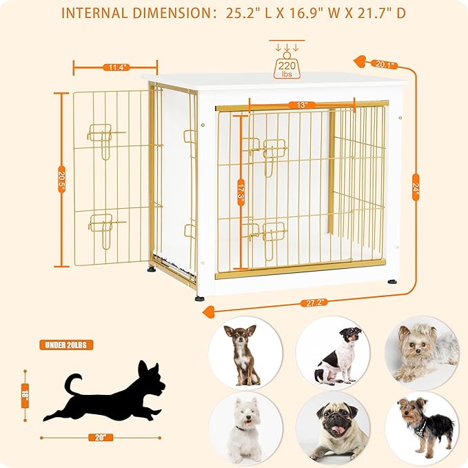 DWANTON Dog Crate Furniture with Cushion, Wooden Dog Crate with Double Doors, Dog Furniture, Dog Kennel Indoor for Small/Medium/Large Dog，End Table, Small, 27.2" L, White