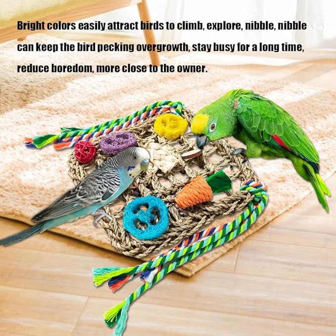 Parrot Toys, Bird Foraging Toys for Parakeets, Woven Climbing Hammock with Colorful Chewing Toys Seagrass Mat for Lovebirds, Parakeets, Budgerigars, Conure, Cockatiel