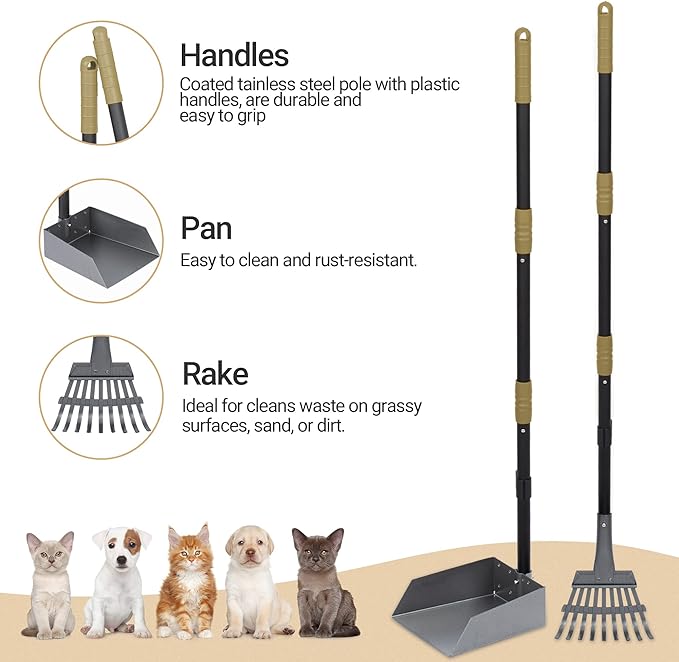 Heeyoo Dog Pooper Scooper, Dog Poop Tray and Rake Set, Pet Waste Removal Scoop with Long Adjustable Sectional Stainless Handles