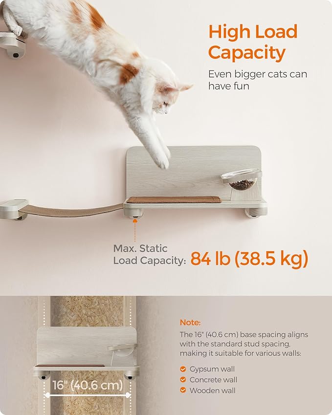 Feandrea Clickat Collection - No.009 Cat Food Station, Wall-Mounted Cat Feeding Shelf with Elevated Cat Food Bowls, Extremely Quick Assembly, Unlimited Expandability, Replaceable Module and Felt Pad