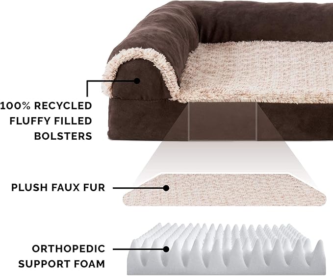 Furhaven Orthopedic Dog Bed for Medium/Small Dogs w/ Removable Bolsters & Washable Cover, For Dogs Up to 35 lbs - Two-Tone Plush Faux Fur & Suede L Shaped Chaise - Espresso, Medium,30"L x 20"W x 6"Th