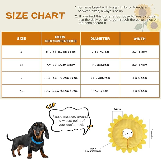 IEUUMLER Inflatable Recovery Dog Collar, Protective Donut Cone, Adjustable Soft Collar for Dog and Cat After Surgery Prevent from Biting & Scratching EU002 (S (Neck:5"-7.1"), Sunflower)