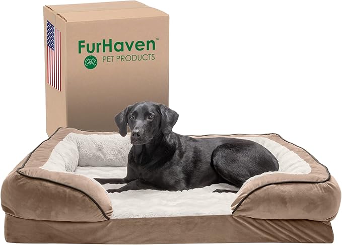 Furhaven Orthopedic Dog Bed for Large Dogs w/ Removable Bolsters & Washable Cover, For Dogs Up to 95 lbs - Plush & Velvet Waves Perfect Comfort Sofa - Brownstone, Jumbo/XL