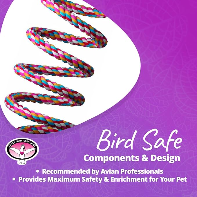 Super Bird Creations - SB325 Large Bungee Bird Toy - Rope Perch for African Greys, Eclectus, Small Cockatoos, Amazons - Colorful Hanging Perch - Enriching Bungee Toy for Large Birds & in Bird Cages