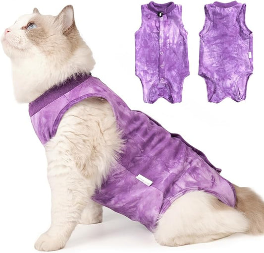 Cat Recovery Suit for Male and Female Surgical Post Surgery Soft Cone Onesie Tie Dye Cats Shirt Clothes Neuter Licking Protective Diapers Outfit Cover Kitten Spay Collar Alternative(Purple, L)