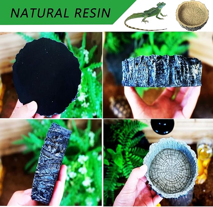 Hamiledyi 3 Pack Reptile Water Dish Food Bowl Set Resin Bearded Dragon Rock Food Feeder Dish Terrarium Bowls with Feeding Tweezers Tong for Leopard Gecko Lizard Frog Snake Chameleon Tortoise