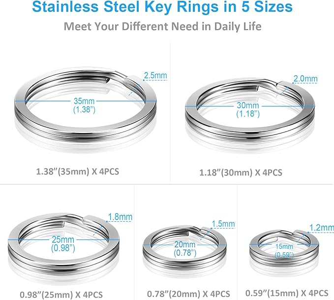 Split Key Ring Circle Assorted, Round Keyring Durable 5 Sizes (1/2 inch, 3/4 inch,1 inch, 1.25 inch, 1.38 inch)