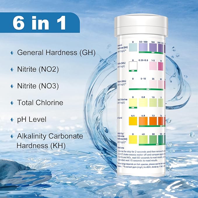 Aquarium Test Strips - Ammonia Test Kit for Aquarium - DIP & GO 6 in 1 Aquarium Water Test Kit for Freshwater, Fish Tank Water Testing Kit, 100 Strips