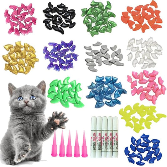 100pcs Cat Nail Caps/Tips YMCCOOL Pet Cat Kitty Paw Covers Control Paws of 10 Multi-Colors Nails Caps and 5Pcs Adhesive Glue 5 Applicator with Instruction