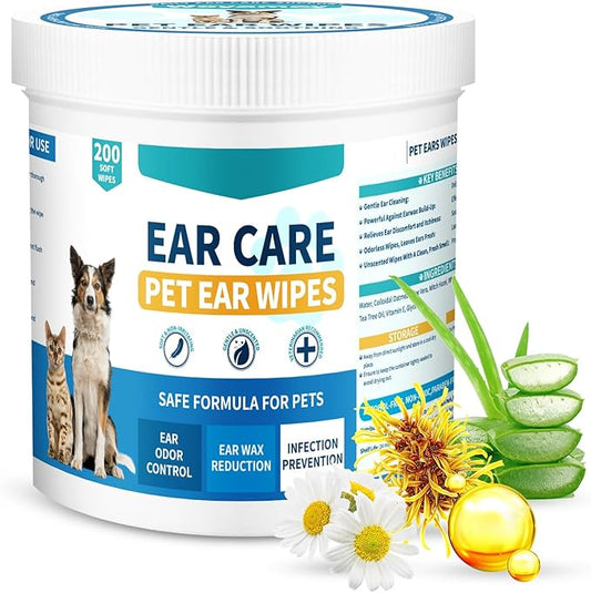 Ear Wipes for Dogs Cats, 200 Pcs Pet Ear Cleaner Wipes for Dogs Cats Gently Remove Ear Wax, Dirt Debris - Cleanse, Soothe & Deodorize - Dog Cat Ear Cleaning Wipes Relieve Ear Itching & Inflammation