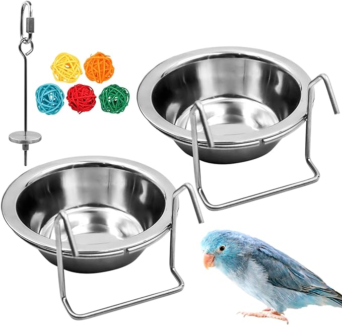 2 Pack Bird Feeder Birds Bowls Stainless Steel Dishes Coop Cups with Wire Hook, Parrot Feeding Dish Cups Food Water Bowls with Bird Food Holder and Rattan Ball for Finches Lovebirds (Set 1)