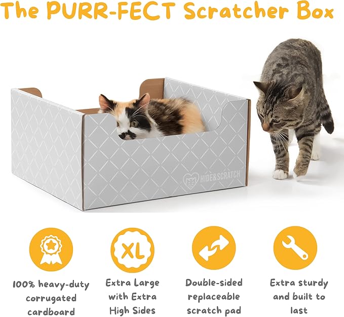 Hide & Scratch Extra-Large Heavy Duty Cardboard Cat Scratcher Box and Cat Bed with Refillable Scratch Pad