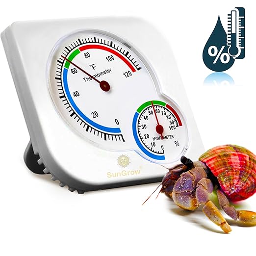 SunGrow Hermit Crab Thermometer & Hygrometer for Terrariums and Reptile, Analog Gauges, Measures in Fahrenheit & Percent, White, 1 Pc per Pack