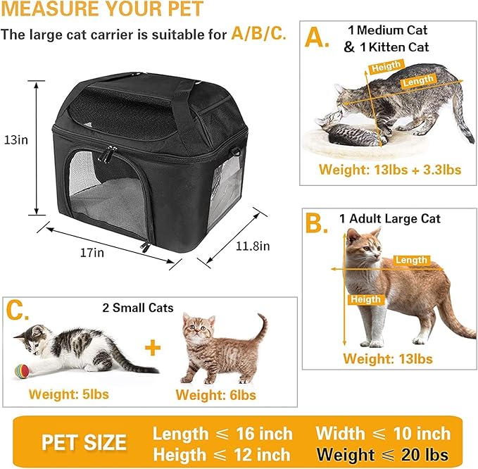 Large Cat Carrier for 2 Cats, Oeko-TEX Certified Soft Side Pet Carrier for Cat, Small Dog, Collapsible Travel Small Dog Carrier, TSA Airline Approved Cat Carrier for Large Cats 20 lbs-Black