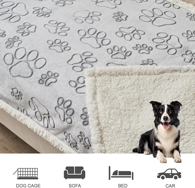 Qeils Dog Blankets for Large Dogs - Waterproof Pet Blanket Washable - Sherpa Fleece Puppy Blanket, Soft Plush Reversible Dog Blanket, Couch Cover for Dogs Washable, 30"X70", Grey Paw Print